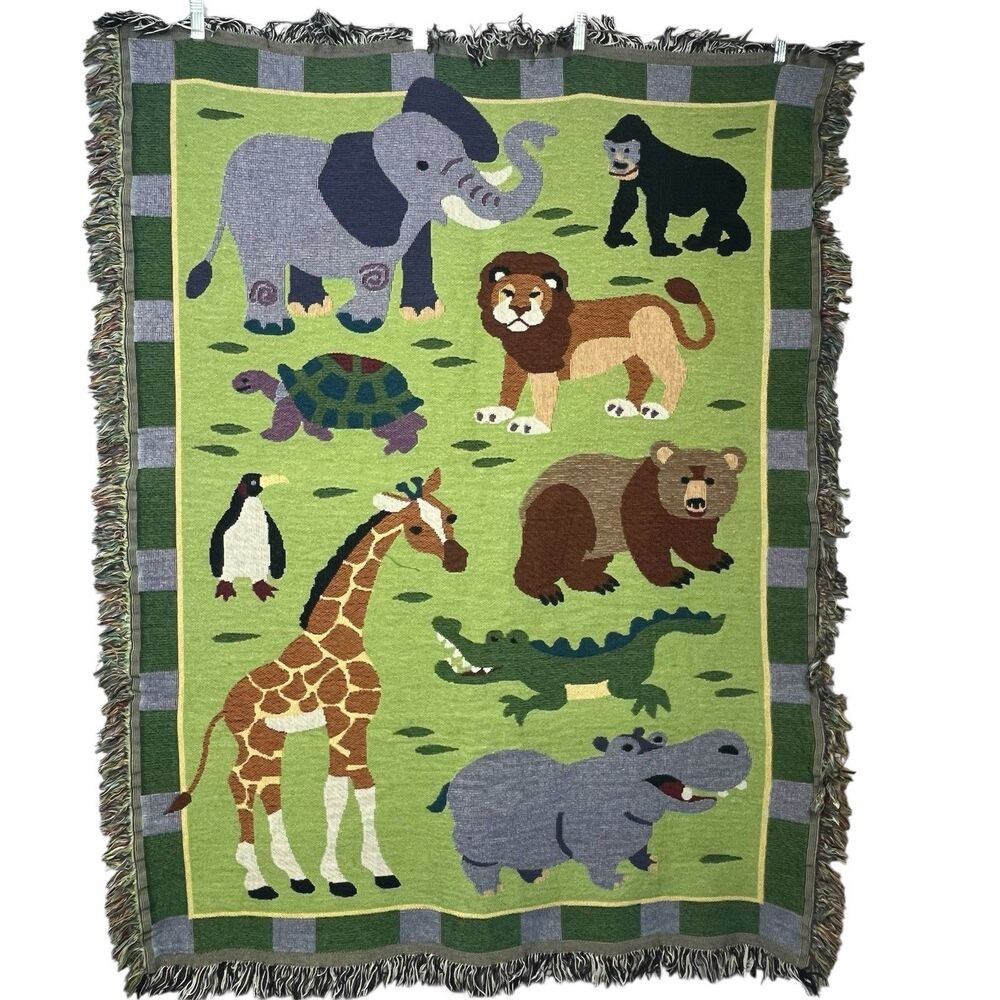 Woven Nursery Baby Blanket Throw Wall Tapestry Zoo Jungle Animals Safari Green